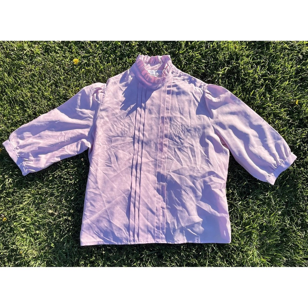 Vintage Pink Ruffle Neck Blouse Womens M CHAUS Woman Cottagecore Top - Picture 3 of 11